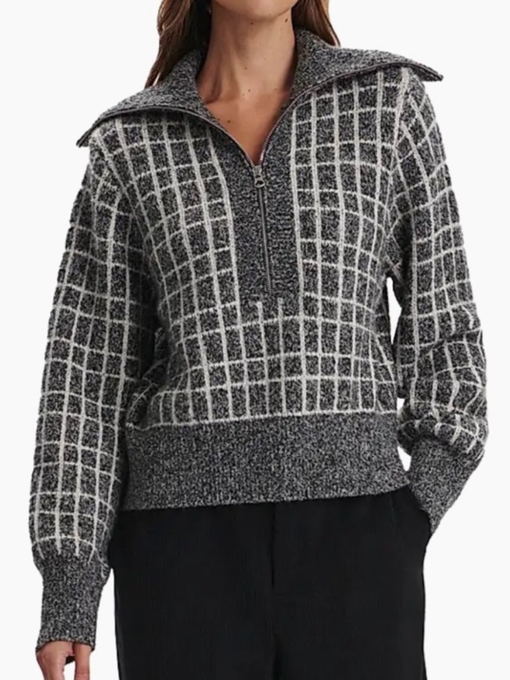 Varley Furley‎ Half Zip Knit Sweater Plaid Grey White Women’s Size XS
